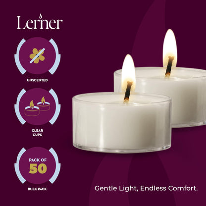 Lerner Clear Tea Lights Candles Bulk - Long Burning 8 Hour Clear Cup Tealight 50 Pack - Consistent Smkless Clean Burning - Holiday, Wedding, Spa, Emergency and Home Decoration Candles