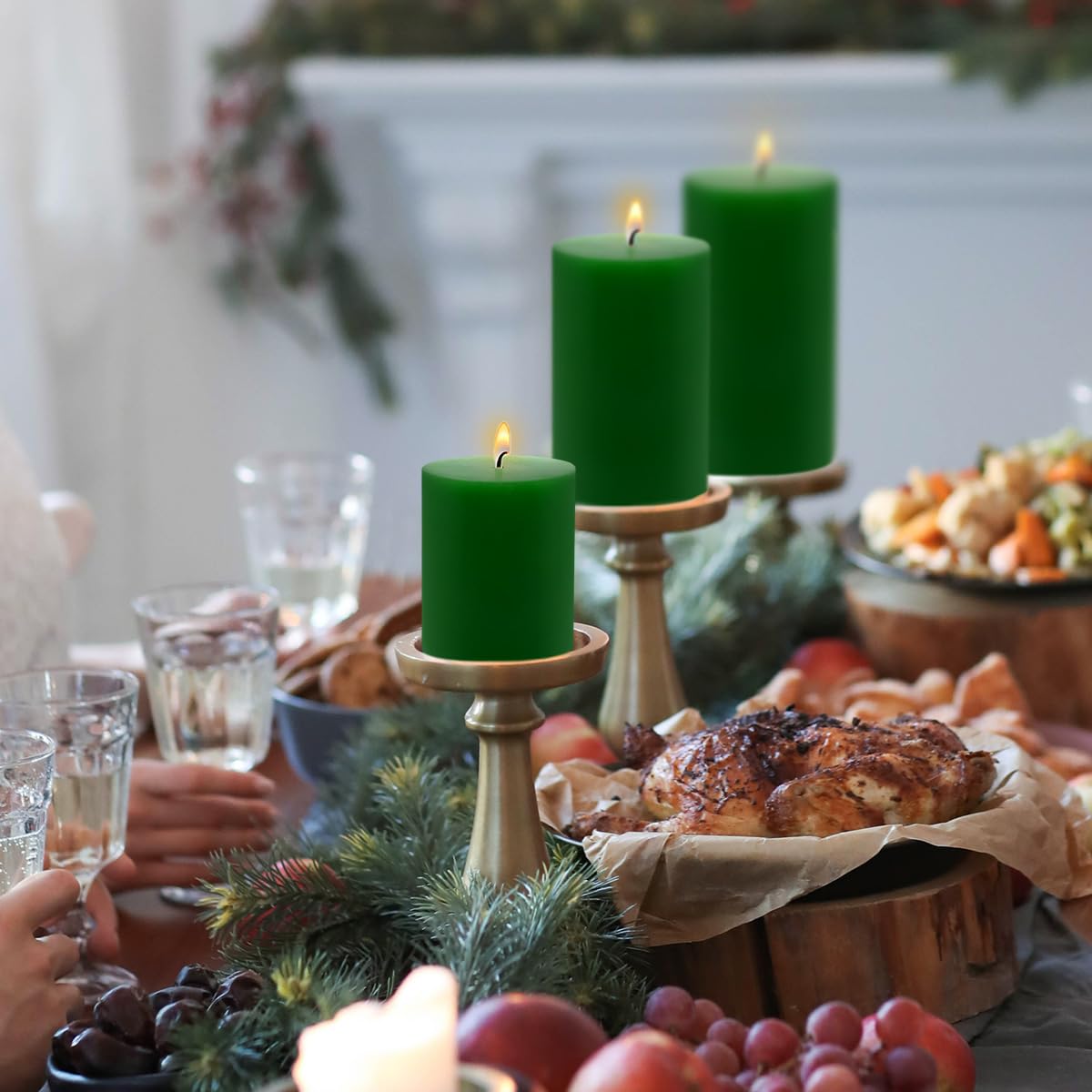 Green Pillar Candles Set of 3 - Dripless Unscented - 3x4, 3x6 & 3x8 inches Decorative Candles for Home Decor & Table Centerpieces