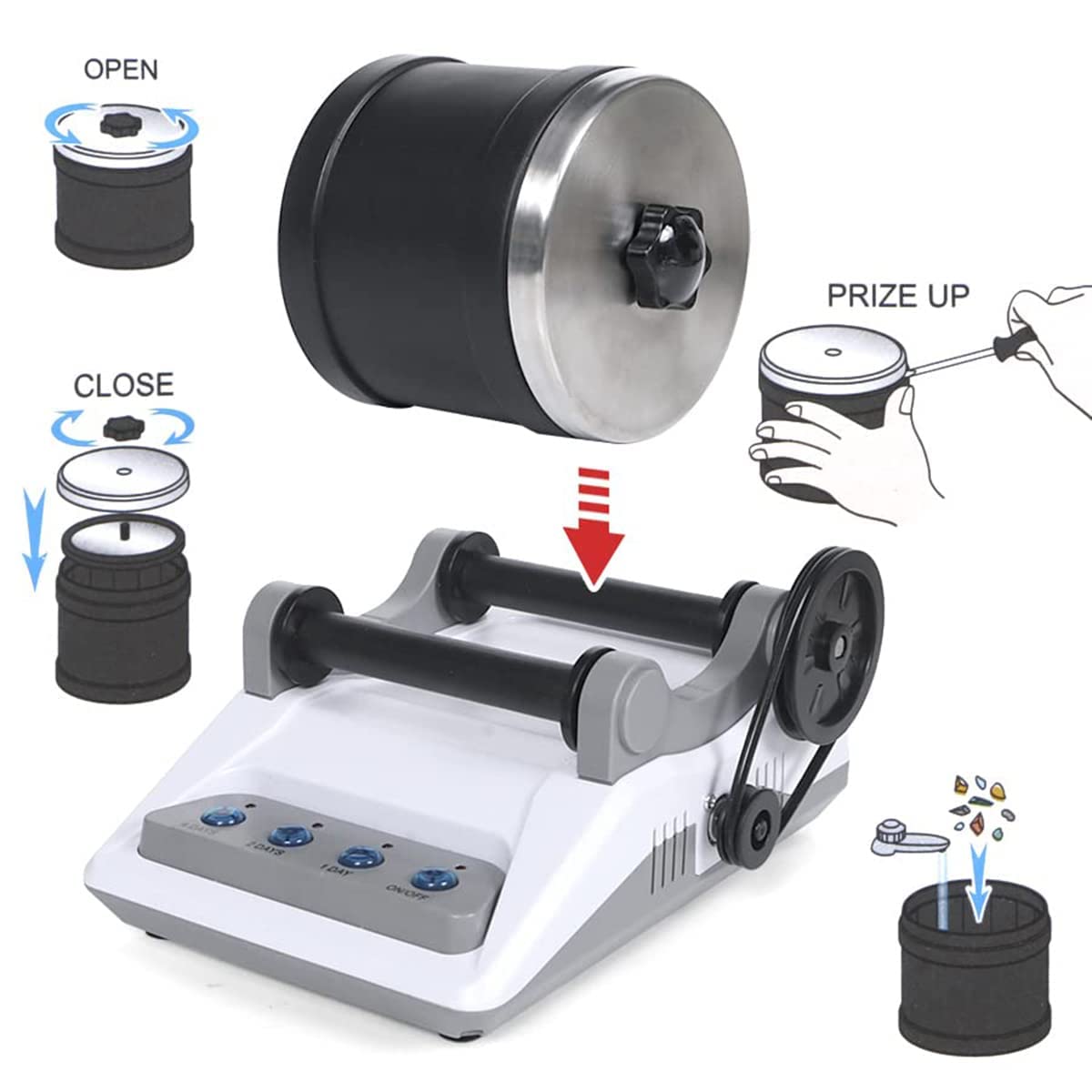 Zcvtbye Rock Tumbler Kit,Rock Polisher for Kids & Adults,Includes 2 Belts,Bag of Rough Stones,4 Coarse Grinding,Finely Ground,Polishing Grits