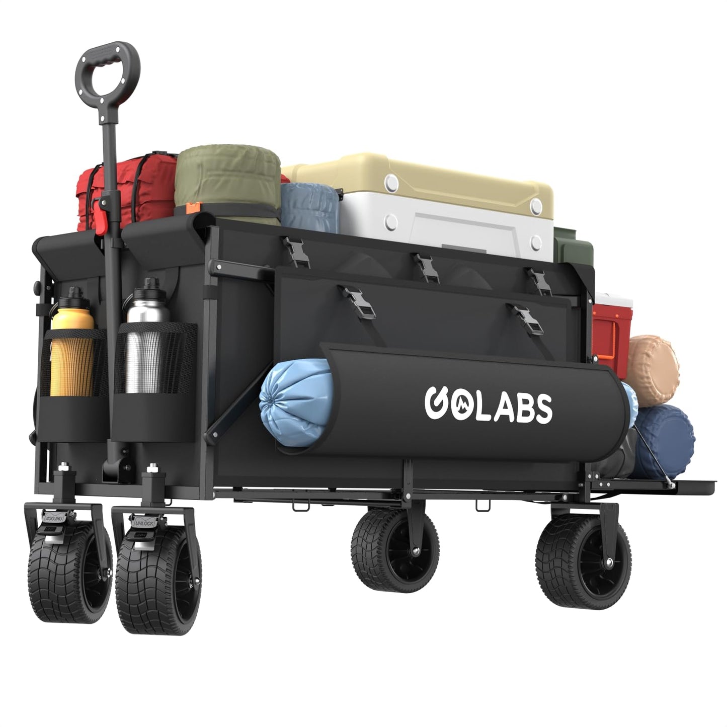 Golabs WA2 Wagon Cart Max 560lbs Load & Expandable Storage Max 280L(2 Side Strap), Heavy Duty Beach Wagon with Brakes, 7×4" Big All-Terrain Wheel, 3S Quick Fold Design for Garden & Camping & Beach