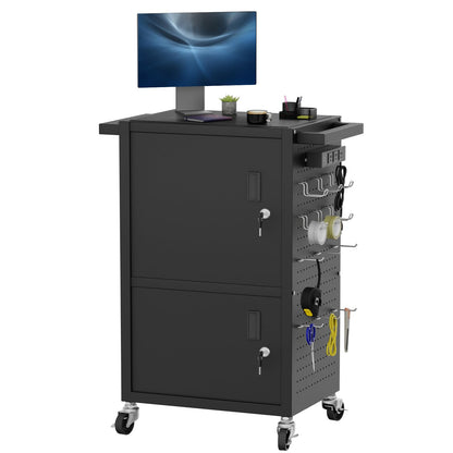 Jasdego Mobile AV Cart - Heavy Duty Computer Cart with 2 Cabinets, Rolling Media Cart with 4 Outlets & Pegboard & Hooks, Lock Brake Wheels Mobile Computer Workstation, Perfect for Home or Office