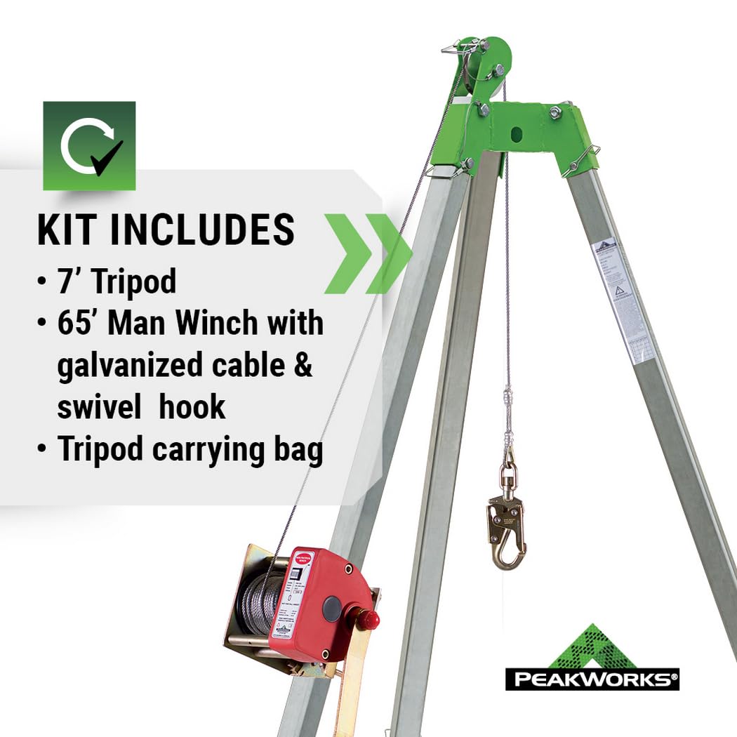 Peakworks Confined Space Kit - For Safe Access & Rescue - Includes Tripod, Man Winch & Bag - OSHA & ANSI Compliant Fall Protection - 65 ft Cable