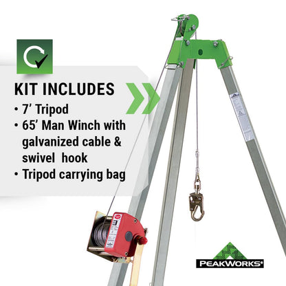 Peakworks Confined Space Kit - For Safe Access & Rescue - Includes Tripod, Man Winch & Bag - OSHA & ANSI Compliant Fall Protection - 65 ft Cable