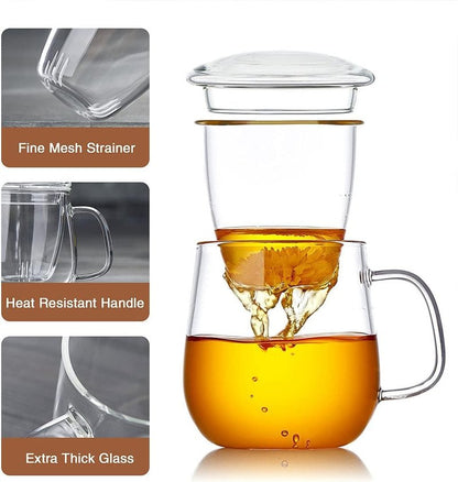 DOPUDO Glass Teacups 4 Pack Glass Tea Cup with Infuser and Lid, 17.6oz/520ml Large Borosilicate Teacup,Tea Clear Mug Cup for Loose Leaf Blooming Tea, Microwave & Dishwasher Safe.