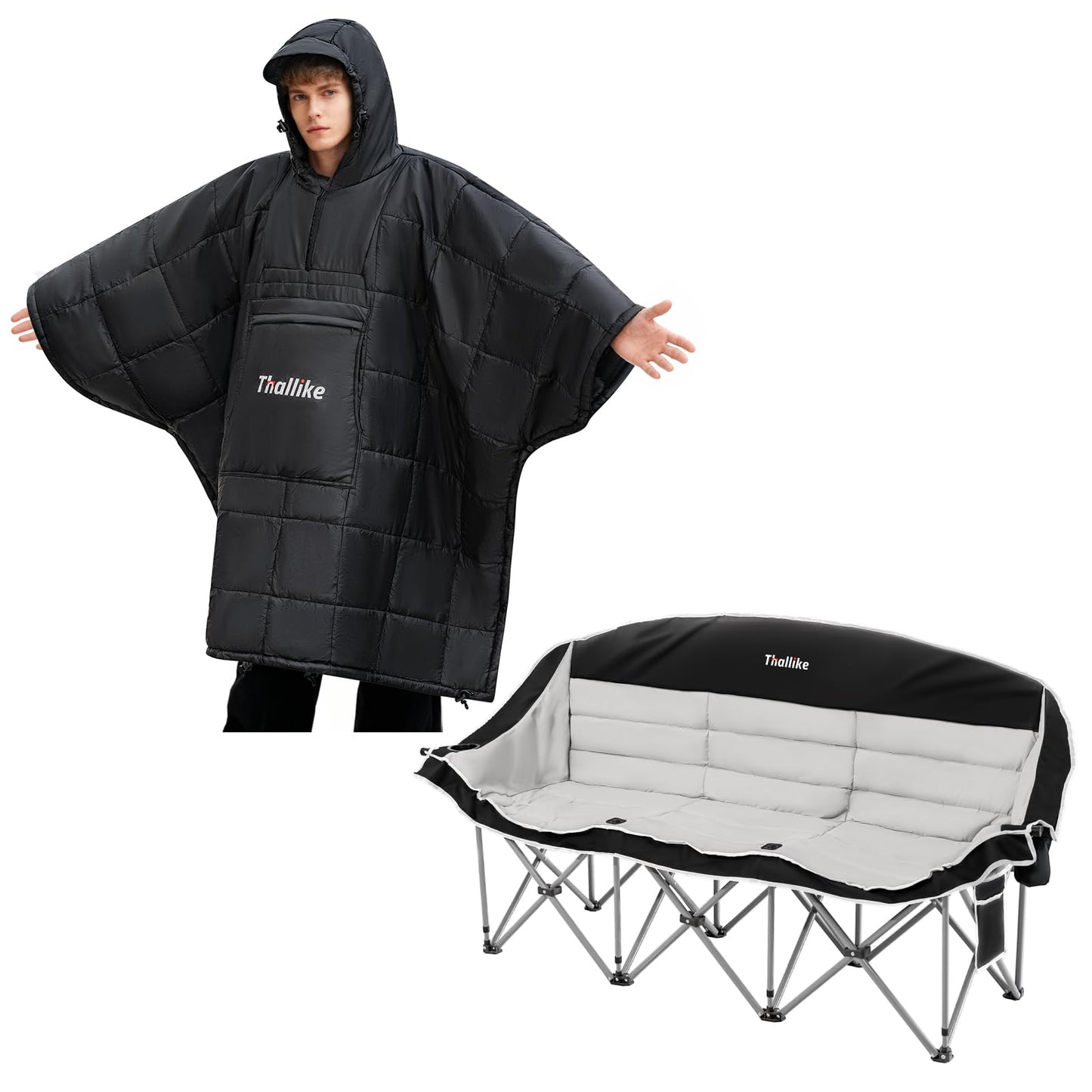 Thallike 3 Person Outdoor Camping Chair & Warm Oversized Camping Blanket with Hood