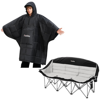 Thallike 3 Person Outdoor Camping Chair & Warm Oversized Camping Blanket with Hood