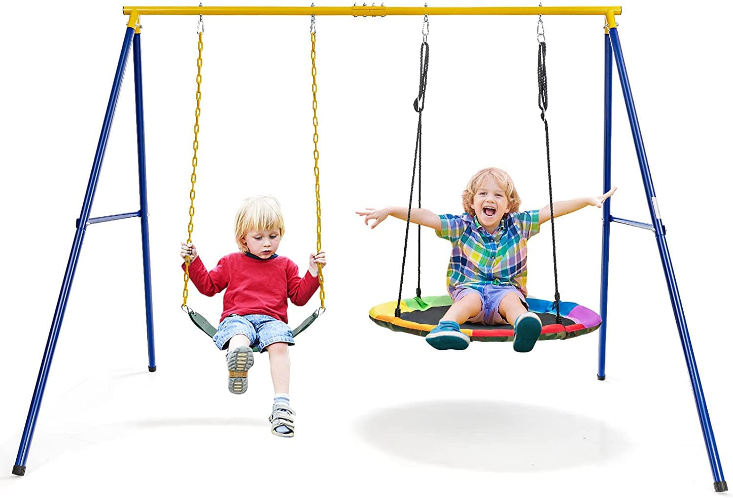 HONEY JOY 660lbs 2 Seat Metal Swing Frame Set with Saucer Swing & Belt Swing, Heavy Duty A-Frame Kids Swing Stand w/Ground Stakes and Adjustable Ropes, Outdoor Swing Sets for Backyard