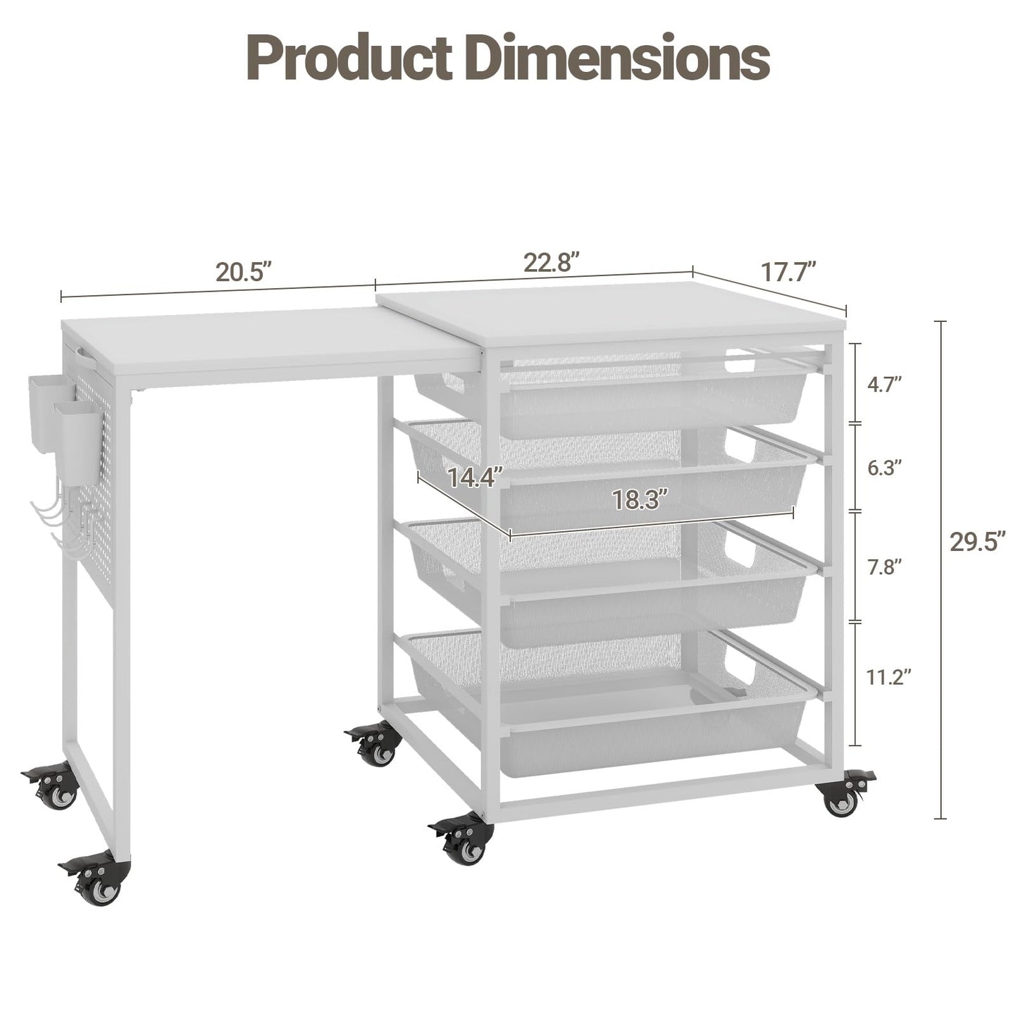 Rolling Craft Storage Cart with Wheels & Mesh Drawers, Extendable Craft Table with Pegboard Organizer, Muti-Functional Work Table for Sewing, Arts and Crafts, Scrapbooking Storage,3D Printers (White)