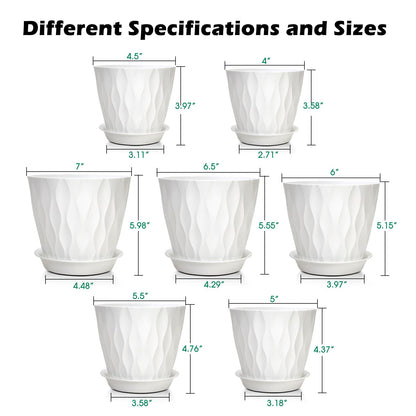 GARDIFE 7/6.5/6/5.5/5/4.5/4 inch Plant Pots, 7 Pack Flower Pots Indoor Outdoor, Planters with Drainage Holes and Tray Saucers (White)