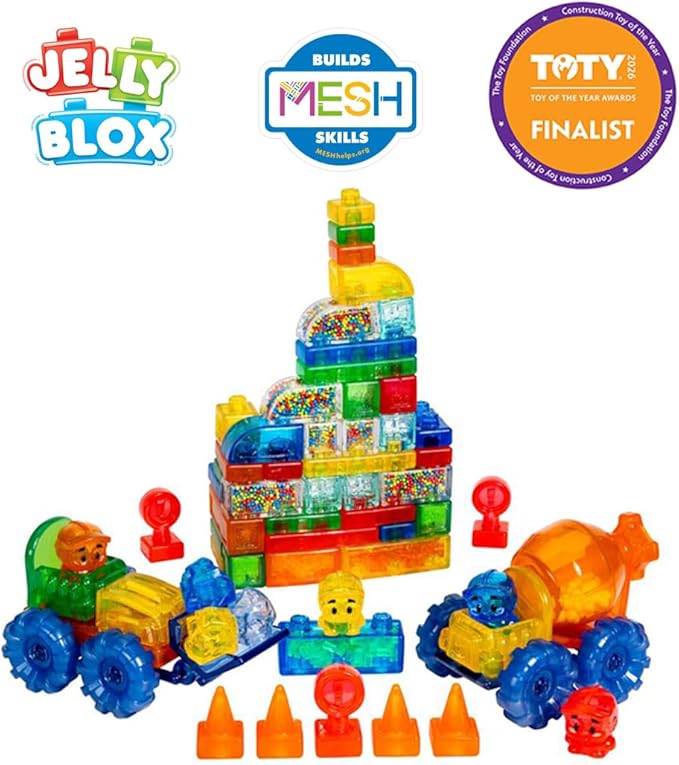 Jelly Blox Construction Site Set | Includes 75 Pieces | Toddler &amp Preschool Building Blocks Kids Can Squeeze Stretch Squish | MESH ACCREDITED | Safety Tested &amp Ouch-Free | Sensory Play Toy A