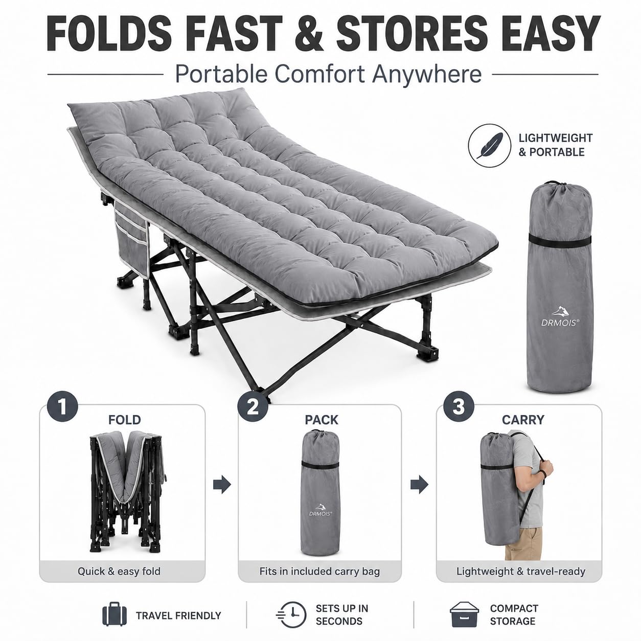 DRMOIS Camping cots, Oversized 32inch Width Portable Foldable Outdoor Bed for Adults Kids, Cot for Traveling Gear Supplier, Office Nap,Support 900 lbs-with Sleeping Pad Mattress-Grey, XXL Size