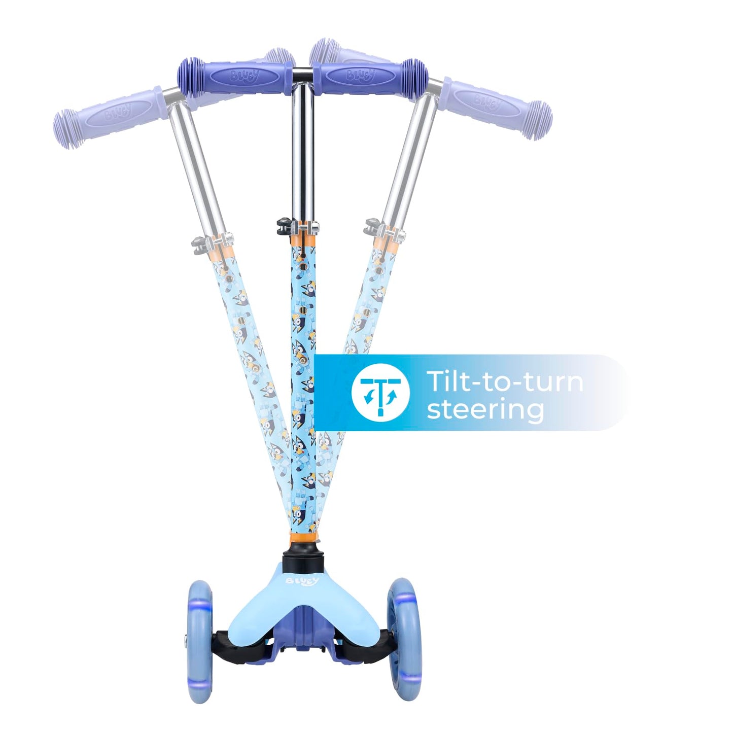 Voyager Self Balancing Kick Scooter with Light Up Wheels, Extra Wide Deck, 3 Wheel Platform, Foot Activated Brake, 75 lbs Limit, Kids & Toddlers Girls or Boys, for Ages 3 and Up, Bluey