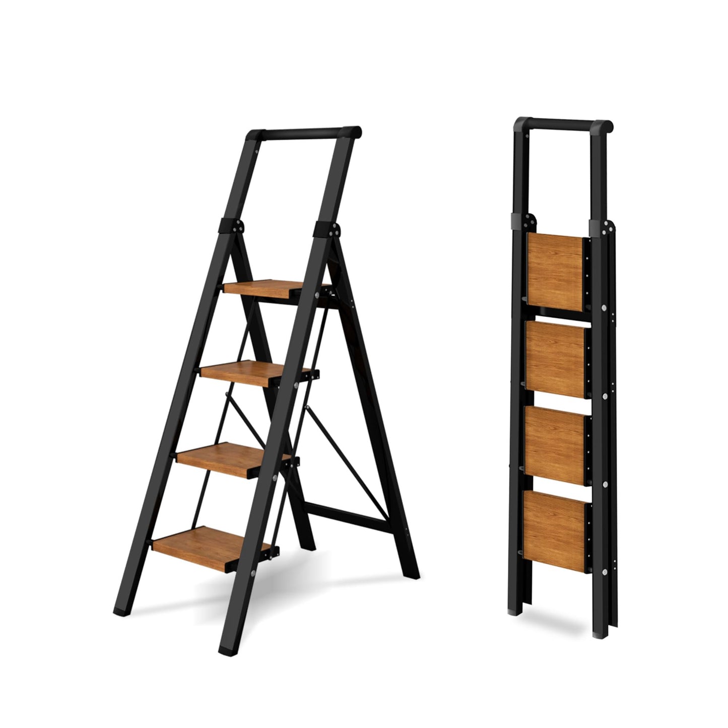 BEFITMACE 4 Step Ladder,Lightweight Folding Step Stool with Aluminum Wide Pedal& Convenient Handgrip,330lbs Capacity Steel Ladder for Household and Office(Black &Woodgrain)