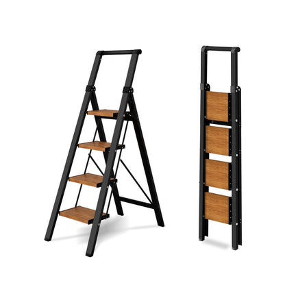 BEFITMACE 4 Step Ladder,Lightweight Folding Step Stool with Aluminum Wide Pedal& Convenient Handgrip,330lbs Capacity Steel Ladder for Household and Office(Black &Woodgrain)