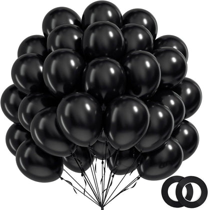 BAUANOOY 100pcs Black Balloons 12 inch, Black Latex Balloons with Ribbon for Graduation Birthday Party Decorations