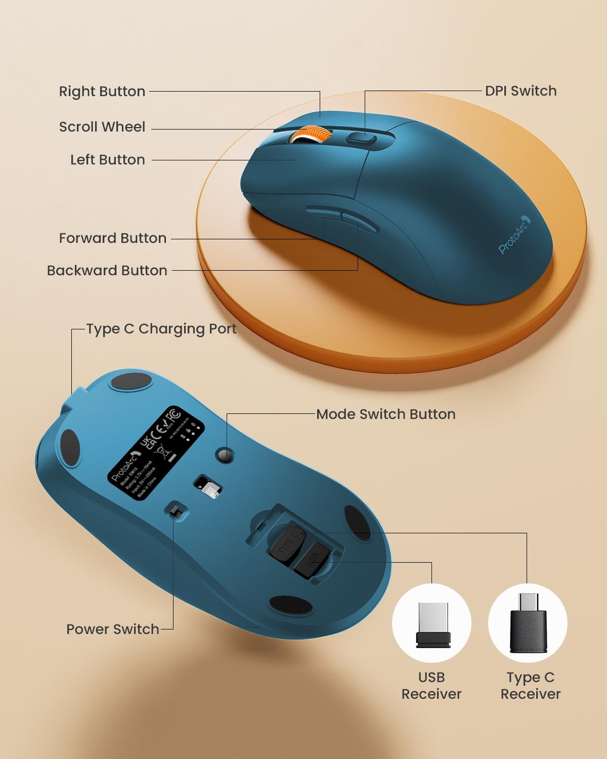 ProtoArc Bluetooth Wireless Mouse, USB C Mouse, EM15 Rechargeable Compact Portable Type C Wireless Mice for Laptop, Tablet, PC, Windows, Mac OS-Blue