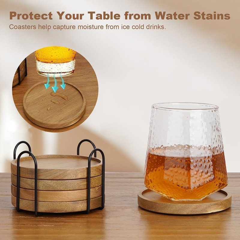 RIHLA Acacia Wood Coasters with Lip, Set of 5 with Holder - Elegant and Functional Wooden Drink Coasters for Home Coffee Table & Office