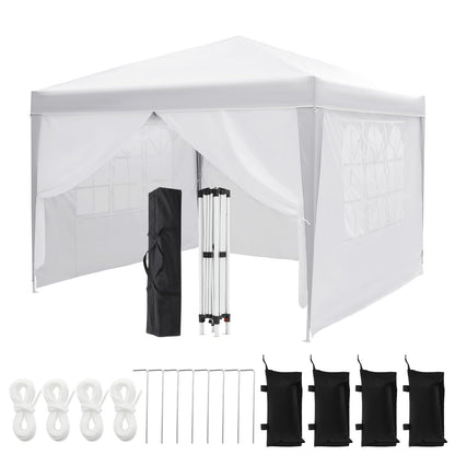 White 10x10 Pop-Up Canopy Tent with 4 Sidewalls – Portable Instant Shelter, Waterproof Outdoor Gazebo for Camping, Parties, Backyard & Beach Activities