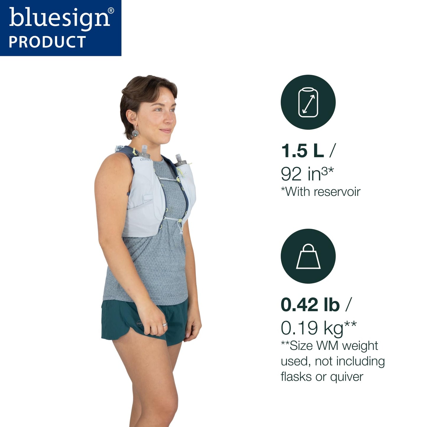 Osprey Dyna 1.5L Women's Running Hydration Vest with Hydraulics Soft Flasks - Adjustable Water Pack with Pockets, Dawn Blue, Large