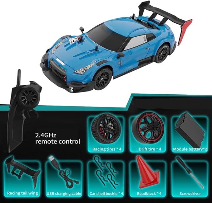 RC Drift Car 1:14 4WD 40KM/H High Speed RC Racing Car with LED Lights 2 Batteries Drifting and Racing Tires for Adults (Light Blue)