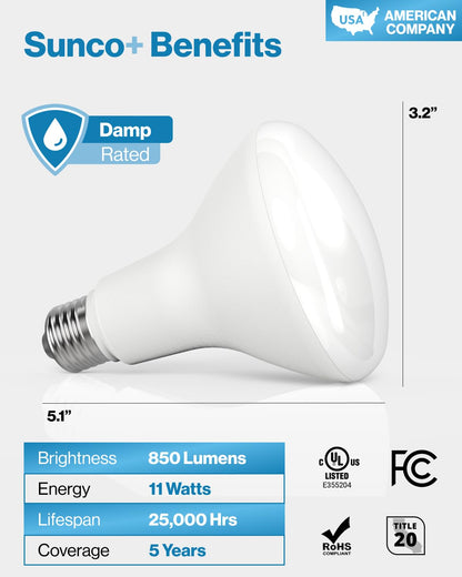 Sunco 48 Pack BR30 LED Bulbs, Indoor Flood Lights CRI93 11W Equivalent 65W 5000K Daylight 850 Lumens, E26 Base, 25000 Lifetime Hours Interior Home Residential Dimmable Recessed Can Light Bulbs - UL