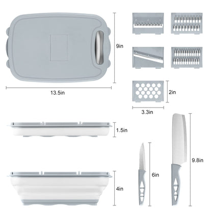 Gintan Camping Cutting Board, 9-in-1 Collapsible Chopping Board with Colander, Kitchen Vegetable Washing Basket for Camping, Camping Gifts Camping Accessories for RV Campers (Blue+Grey)