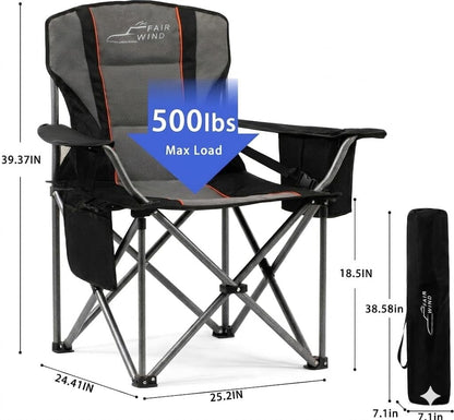 FAIR WIND 2 Pack Fully Padded Oversized Camping Chair Heavy Duty Lawn Chair Set with Adjustable Lumbar Support, Cooler Bag & Cup Holder for Camp, Outdoor,Sports - Support 500LBS