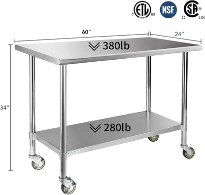 STABLEINK NSF Stainless Steel Table with Wheels 60x24 Inches 5ft, Metal Prep & Work Table with Adjustable Undershelf, for Commercial Kitchen, Restaurant, Hotel, Laundry and Garage
