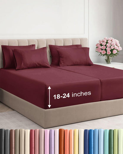 Skiennix Extra Deep Split King Sheet Set - 7 Piece Breathable Cooling Bedding - Soft, Wrinkle-Free - Burgundy