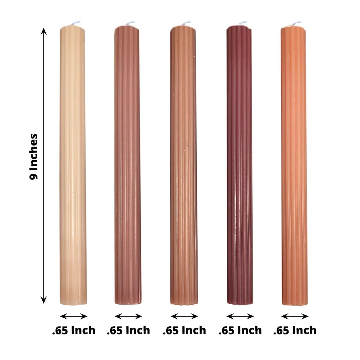 Tableclothsfactory 5 Pack | 9" Assorted Natural Premium Unscented Ribbed Wick Taper Candles, Tall Ribbon Wax Dinner Candles