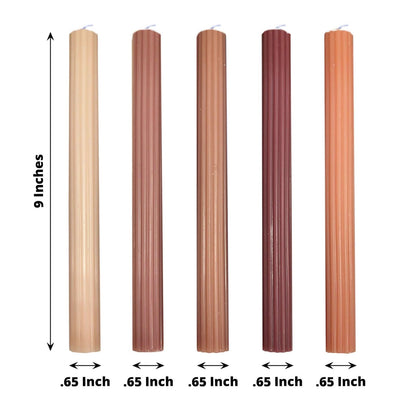 Tableclothsfactory 5 Pack | 9" Assorted Natural Premium Unscented Ribbed Wick Taper Candles, Tall Ribbon Wax Dinner Candles