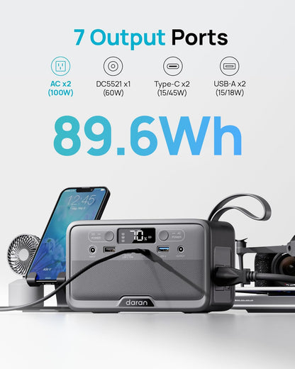 DARAN Portable Power Station 89.6Wh LiFePO4 Battery 100W(200W Peak) Solar Power Bank, Portable Charger Small Generator with AC Outlets & PD Fast Charging for Home/Laptop/Camping(Solar Panel Optional)