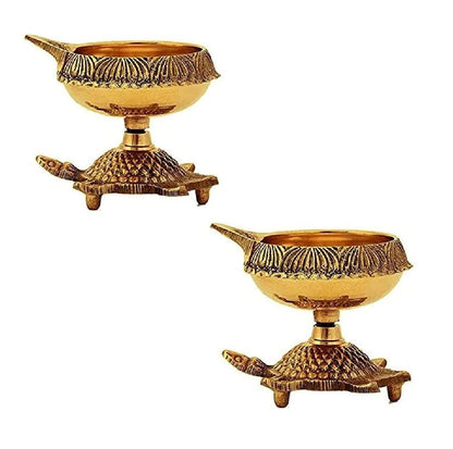 Craftsman 2 Pc Brass Turtle Diya - Traditional Oil Lamp for Diwali D?or, Gold, Durable Design, Model METALDIYA0013