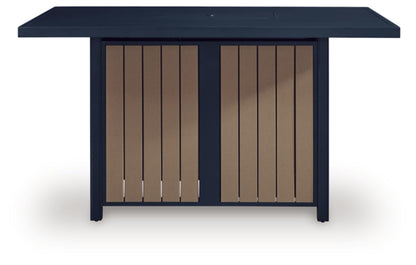 Signature Design by Ashley Mabry Shores Contemporary MEGA-TUFF™ HDPE Weather Resistant Outdoor Bar Table with Fire Pit and Adjustable Flame Control, Blue & Beige