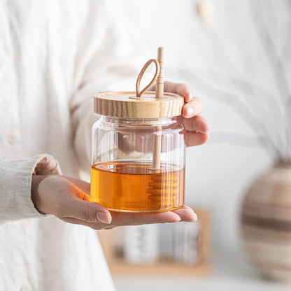 KEKEHOME Honey Pot Airtight Glass Honey Jars with Dipper Stick and Wooden Lid, Honey Bottle Containers for Storing Honey, Honey Holder for Home Kitchen