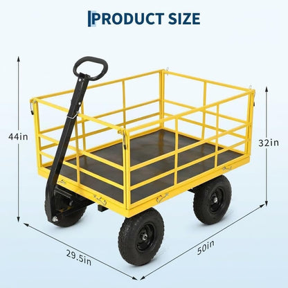 Heavy Duty 4-in-1 Steel Garden Dump Cart - 1500 lbs Capacity - 13 Inch All-Terrain Wheels - Removable Mesh Sides & Swivel Handle - Yellow Frame, Black Hubs & Handlebars