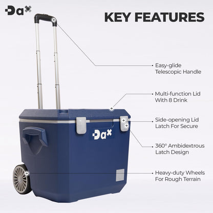DA Ultra-Light 60 QT Hard Cooler with Wheels and Telescopic Handle, Keep Cold Up to 5 Days, 30% Lighter Than Rotomolded, Coolers Ice Chest for Camping, Tailgating, Beach (60QT Dark Blue)