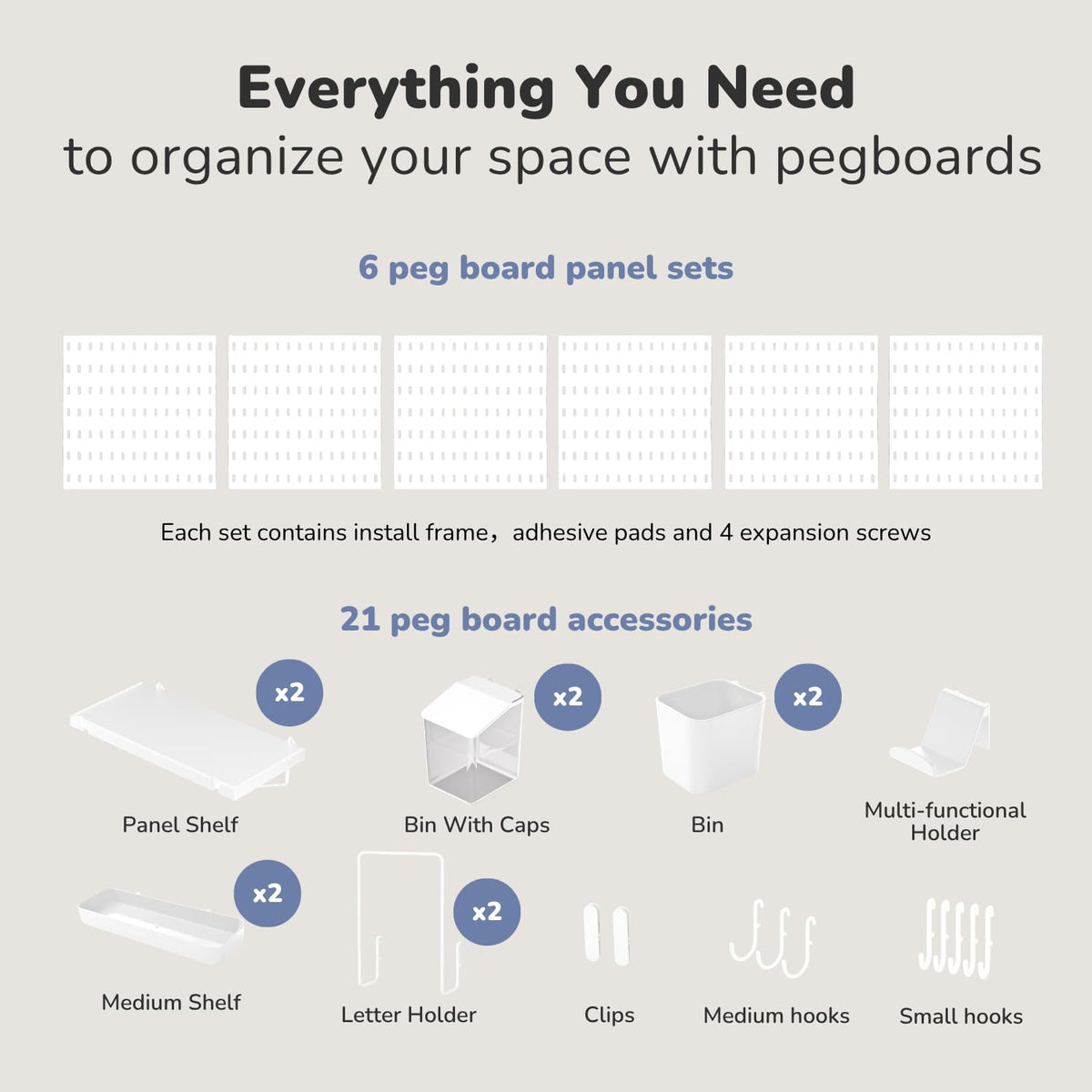 Keepo Peg Board Wall Organizer – Plastic Pegboard Panels, Modular Peg Board Storage System for Home Office, Craft Room, Gaming Setup (White, 33″×22″)