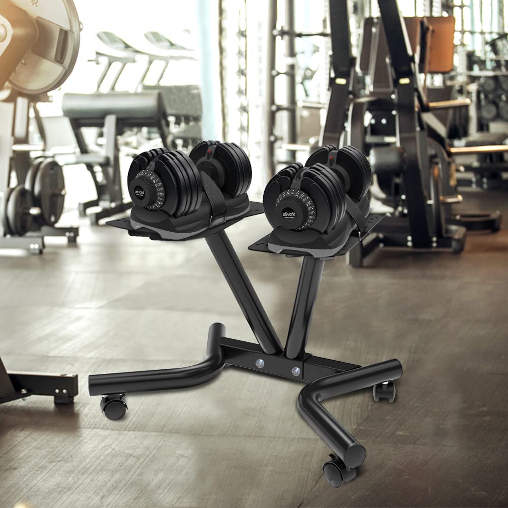 ATIVAFIT Adjustable Dumbbell Stand for Home Gym, Heavy Duty Dumbbell Rack with Adjustable Safety Strap, Space Saving Weight Stand with Wheels, Ergonomic Storage Rack Supports Up to 220 LB