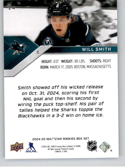 2024-25 Upper Deck Star Rookie #14 Will Smith San Jose Sharks Rookie Card NHL Hockey Card in Raw (NM or Better) Condition