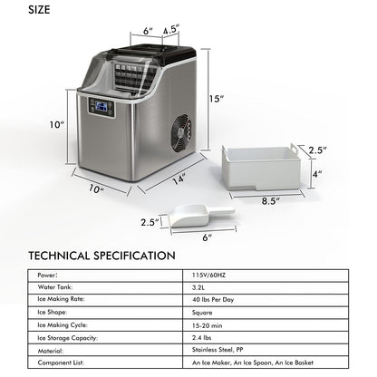 COSTWAY Countertop Ice Maker, 40LBS/24H Portable Compact Ice Machine with Top Inlet Hole, Auto Self-Cleaning Function, 24 pcs Ice Cube in 15 Mins, Ice Scoop and Basket Perfect for Home, Party, Office