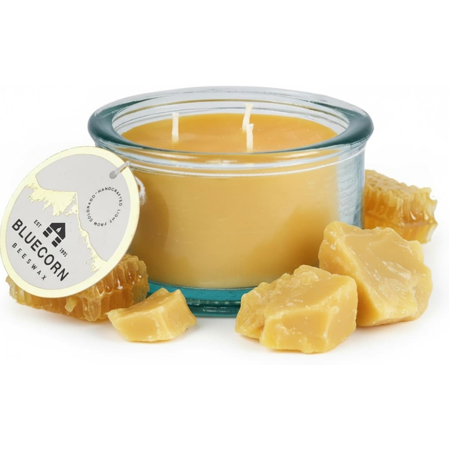 Bluecorn Beeswax 3-Wick Candle – Raw Unscented, 100% Pure Beeswax – 10oz Hand-Blown Recycled Spanish Glass – Non Toxic, Clean Burning, Refillable Glass Jar