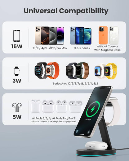 3 in 1 Wireless Charger Charging Station for iPhone,Qi2 Certified 15W Magnetic Charging Stand for Mag-Safe with 30W USB C Adapter&Friendly Night Light for iPhone 17/16/15/14/13/12,Apple Watch,AirPods