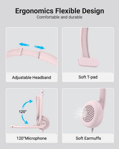 NUBWO HW02 USB Headset with Microphone Noise Cancelling &in-line Control, Ultra Comfort Computer Headphones for Laptop pc, On-Ear Wired Office Call Center Headset for Boom Skype Webinars (Pink)