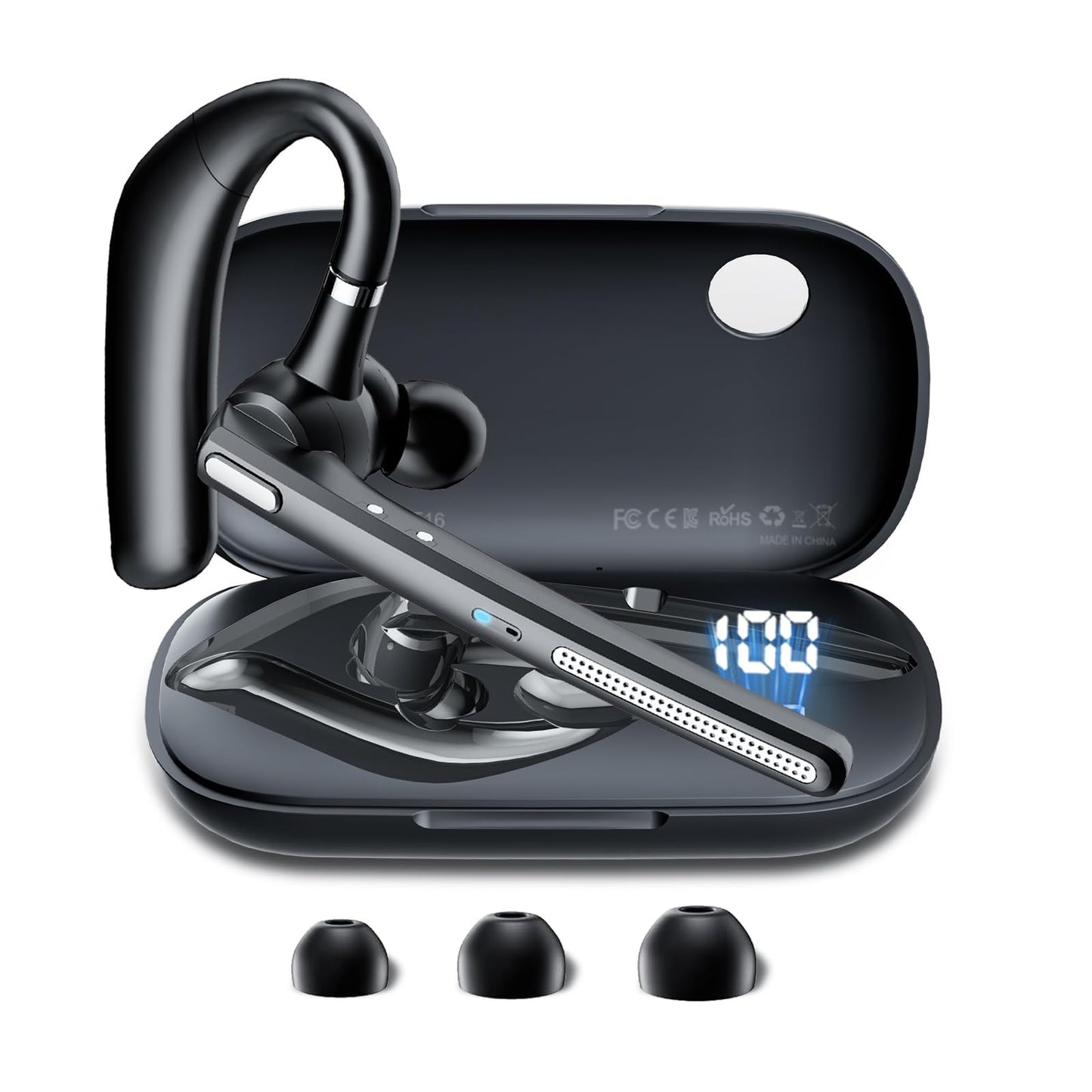 COTOE Bluetooth Headset V5.3, Wireless Earpiece with 500mAh Charging Case 72Hrs Talking Time Hand-Free Headphones with Noise Canceling Mic for Office/Driving/Business,Black