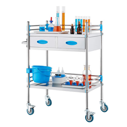 VEVOR Stainless Steel Utility Cart, 2 Layers with Two Lockable Wheels, Ideal for Laboratory, Hospital, Dental Use