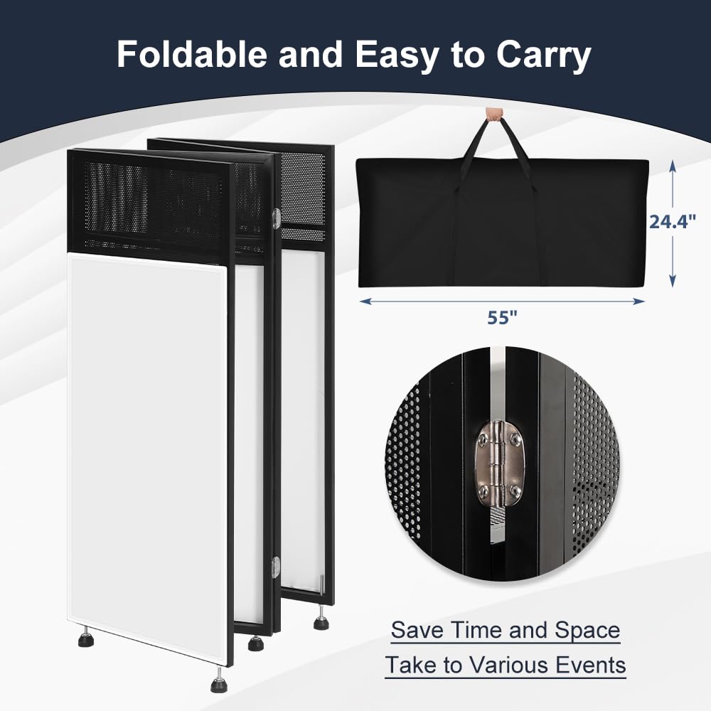 Kokorona Portable DJ Booth 43"L x 20"W x 45"H, DJ Facade Booth with Black & White Scrims, Folding DJ Booth for Party, DJ Facade Table Booth with Cable Hole, Black Metal Frame + Carry Bag