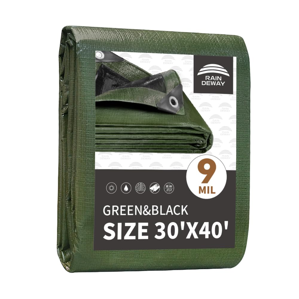 RAINDEWAY Tarps 30x40 Feet,Large Tarp Waterproof,9Mil Thick Finished Size, Multipurpose Poly Tarp Cover with Metal Grommets and Reinforced Edges,Green/Black Tarpaulin