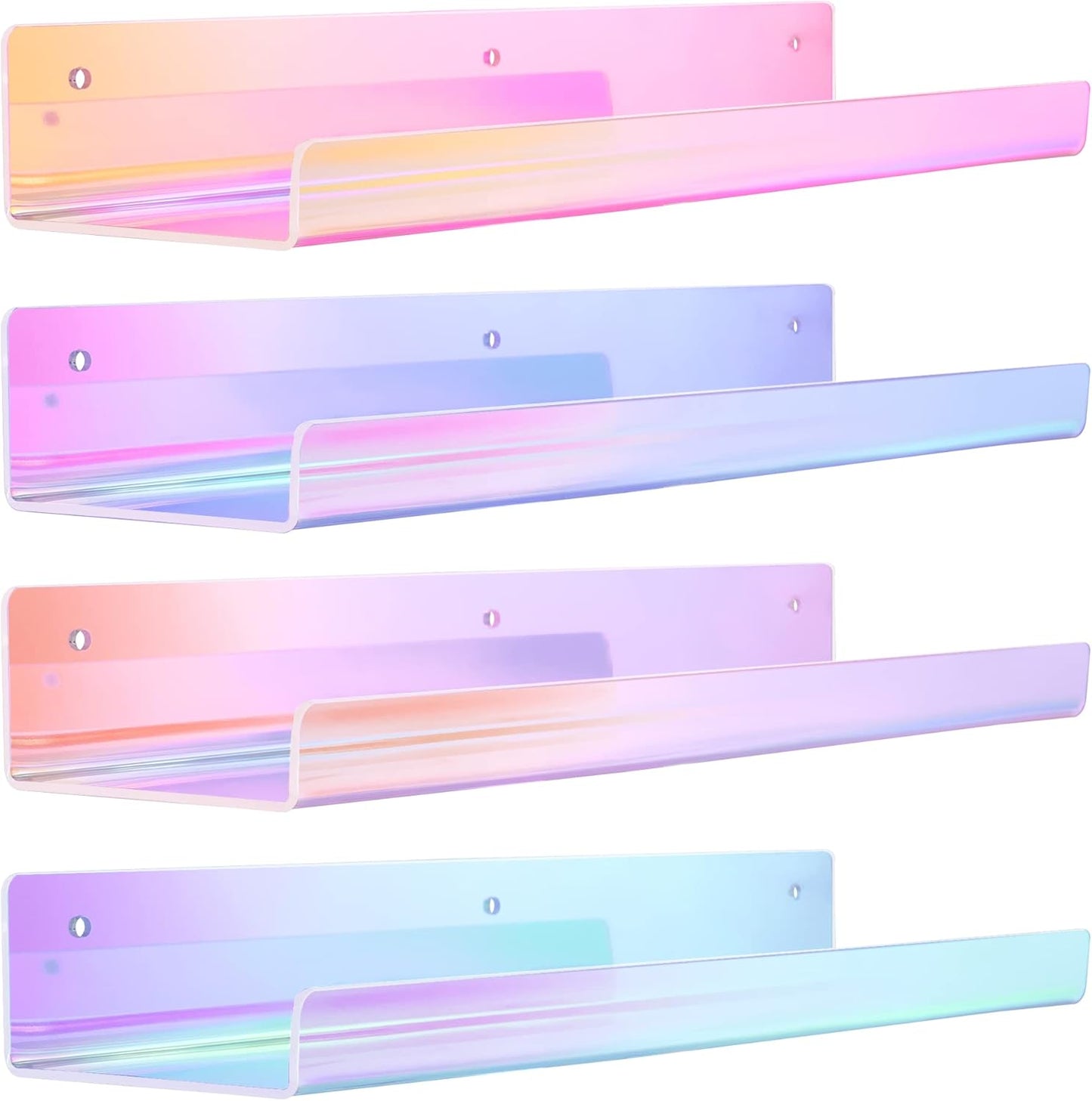 Upsimples Acrylic Wall Shelves - 15" Display Shelf for Perfume, Skincare & Nail Polish | Iridescent 4-Pack