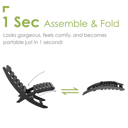 GREENVINES Folding-Xavier-Chair | Wave | Portable Adirondack-Chairs | HDPE Plastic | All Weather Fire-Pit Chair | Black | for Beach Outdoor Deck Poolside Garden Patio Porch Fishing
